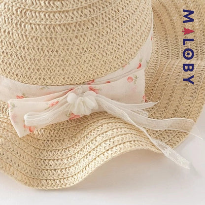 Chapeau en paille beige avec ruban floral pour enfant fille, parfait pour les anniversaires.