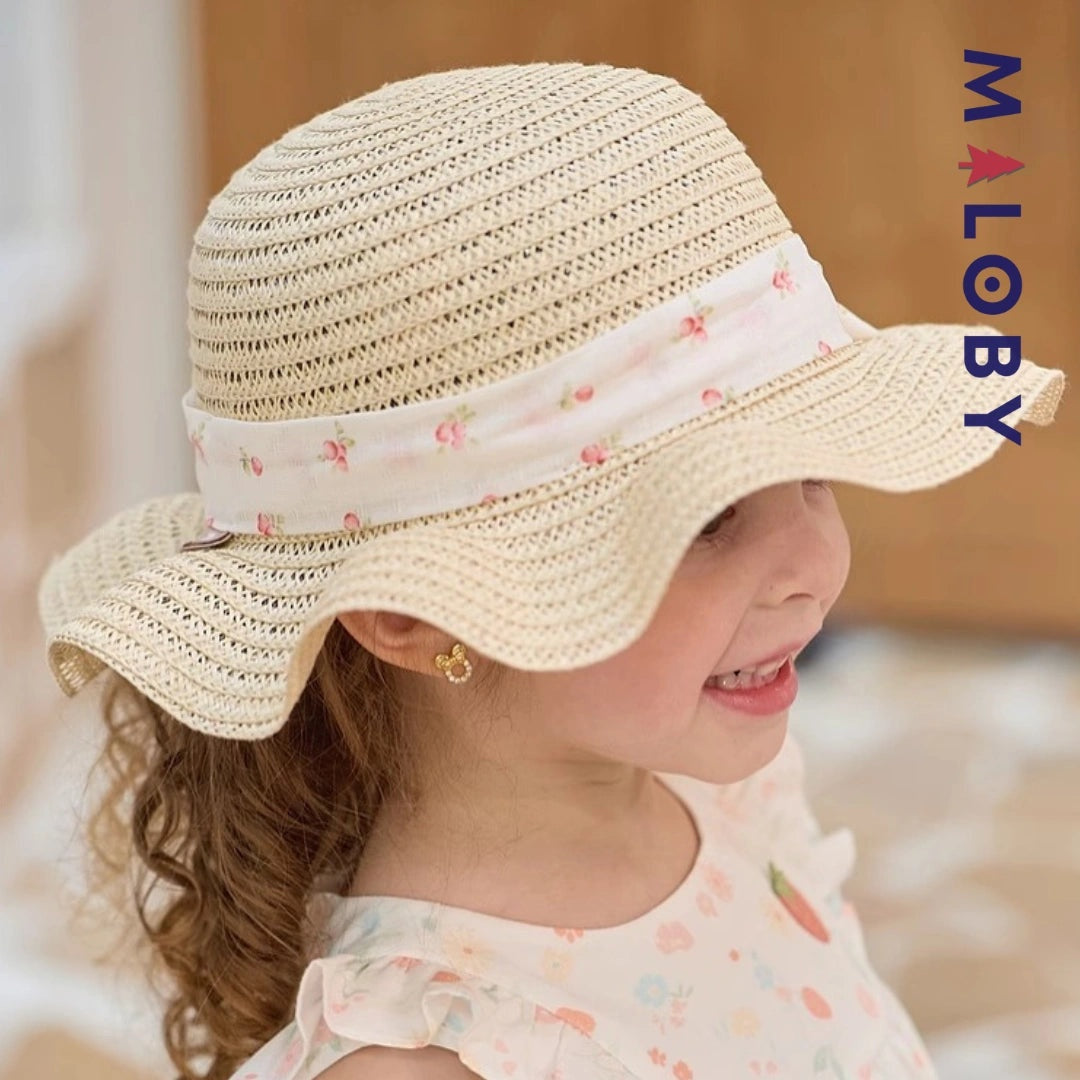 Chapeau en paille beige avec ruban floral pour enfant fille, parfait pour les anniversaires.