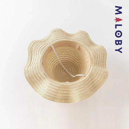 Chapeau en paille beige avec ruban floral pour enfant fille, parfait pour les anniversaires.