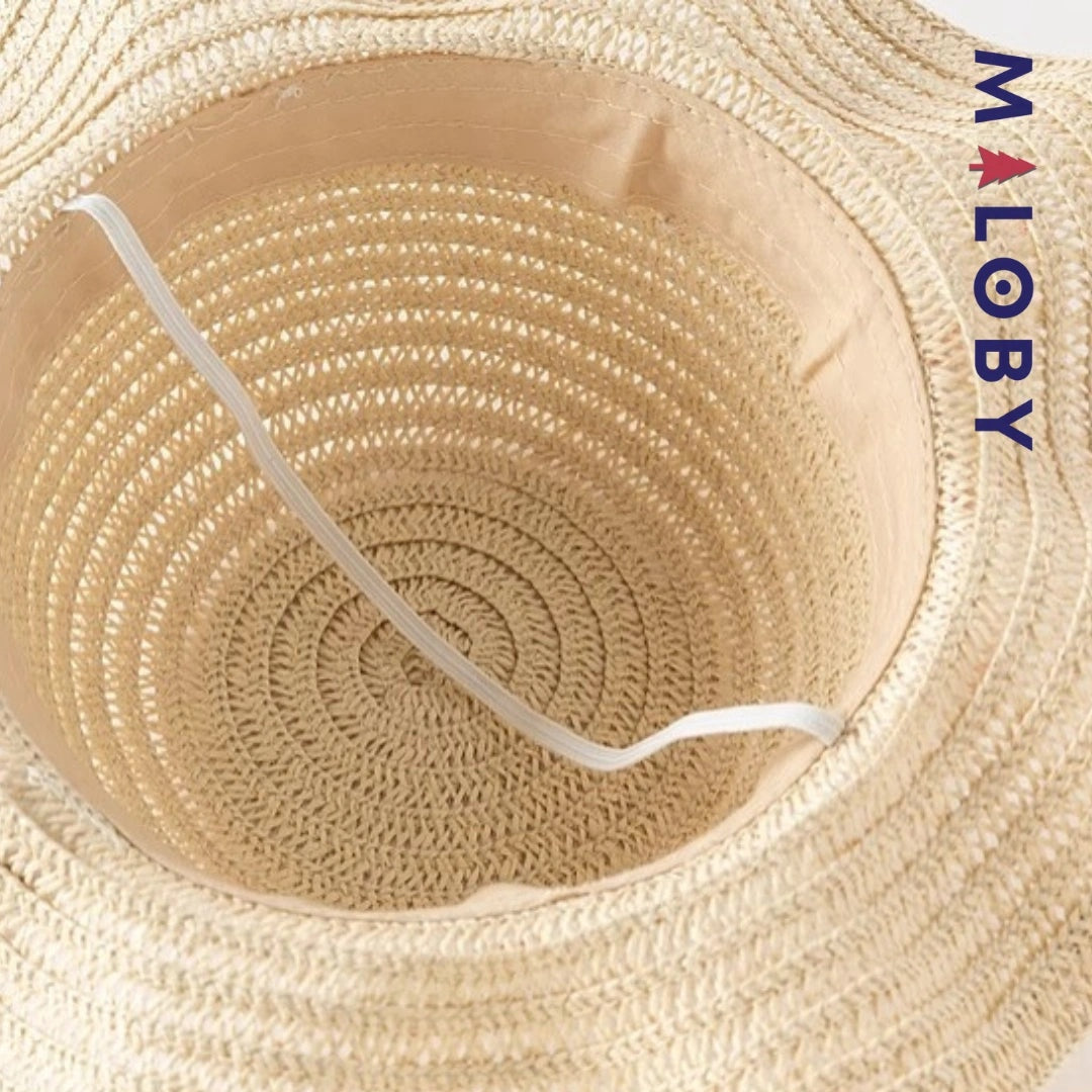 Chapeau en paille beige avec ruban floral pour enfant fille, parfait pour les anniversaires.