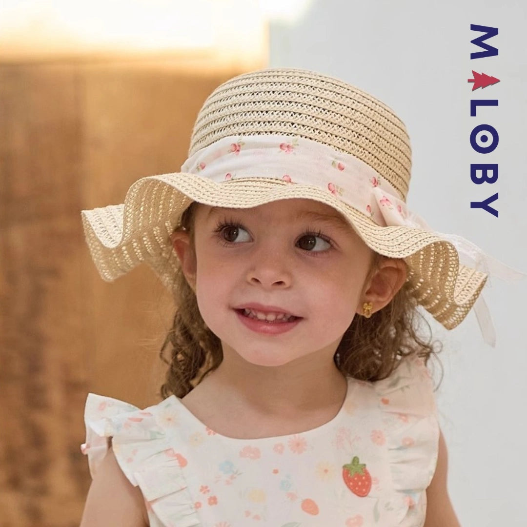 Chapeau en paille beige avec ruban floral pour enfant fille, parfait pour les anniversaires.