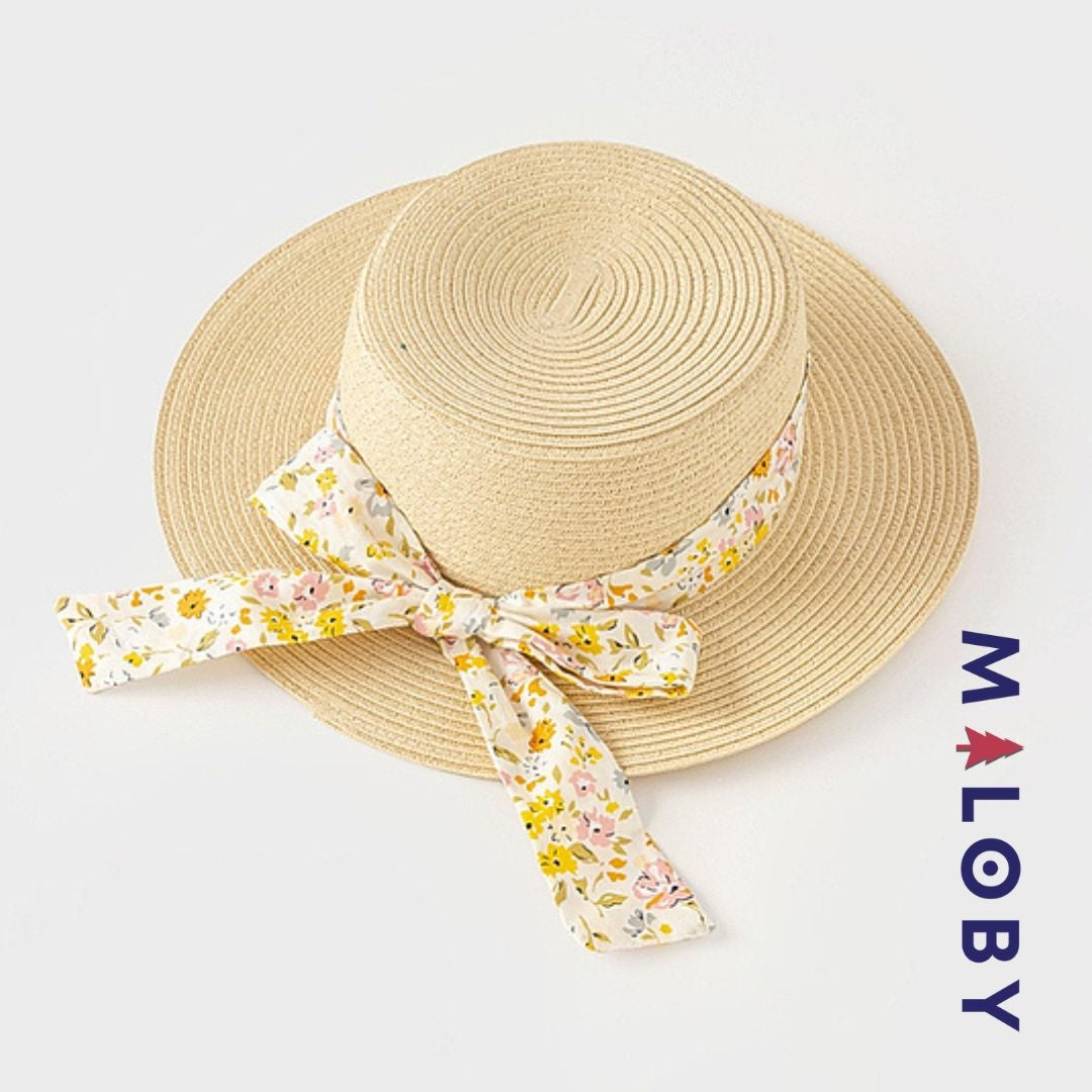 Chapeau aspect paille avec ruban imprimé pour enfant fille en beige, parfait pour les vêtements d'été.