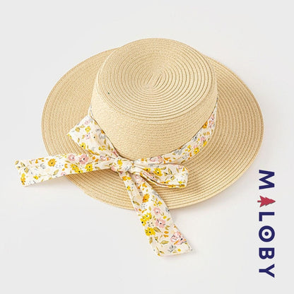Chapeau aspect paille avec ruban imprimé pour enfant fille en beige, parfait pour les vêtements d'été.