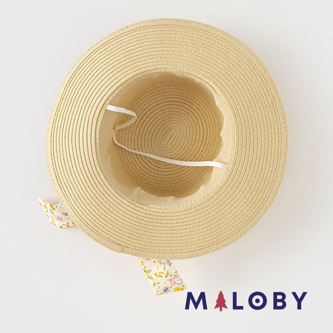 Chapeau aspect paille avec ruban imprimé pour enfant fille en beige, parfait pour les vêtements d'été.