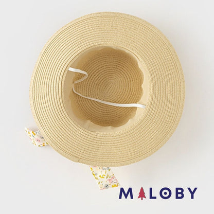Chapeau aspect paille avec ruban imprimé pour enfant fille en beige, parfait pour les vêtements d'été.