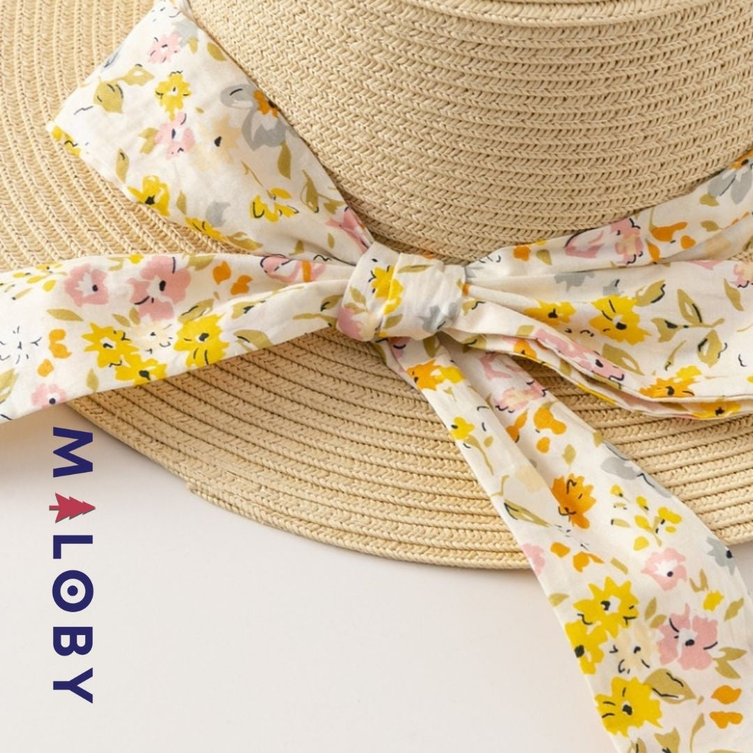 Chapeau aspect paille avec ruban imprimé pour enfant fille en beige, parfait pour les vêtements d'été.