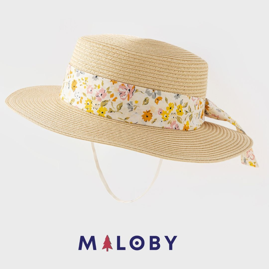 Chapeau aspect paille avec ruban imprimé pour enfant fille en beige, parfait pour les vêtements d'été.