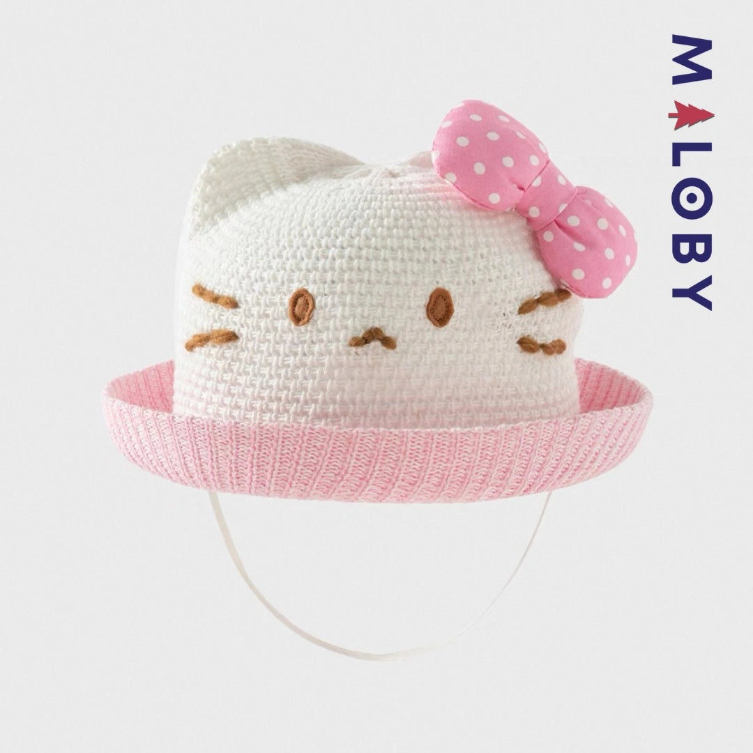 Chapeau en tricot beige style Hello Kitty pour fille, tendance mode enfant