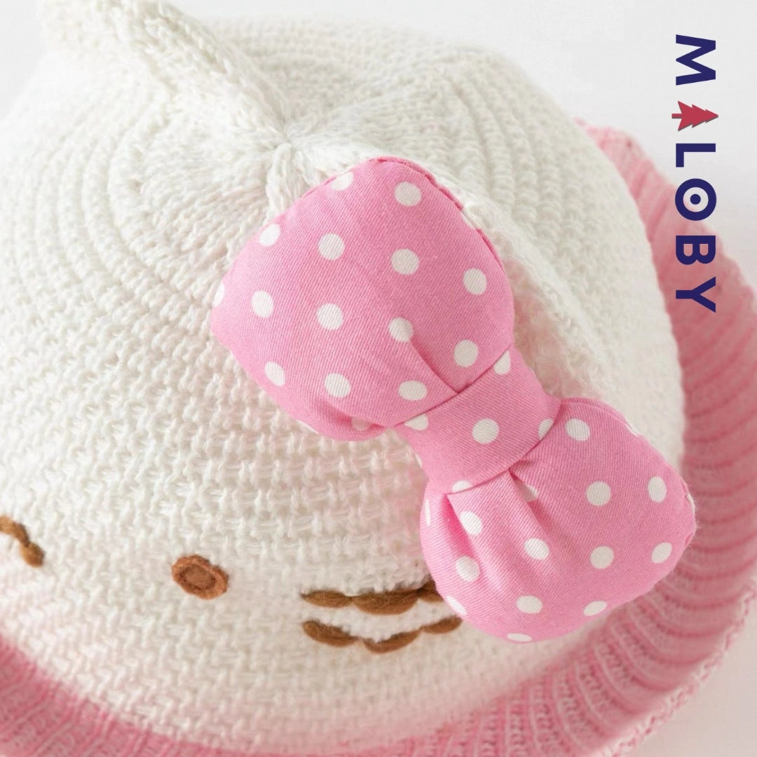 Chapeau en tricot beige style Hello Kitty pour fille, tendance mode enfant