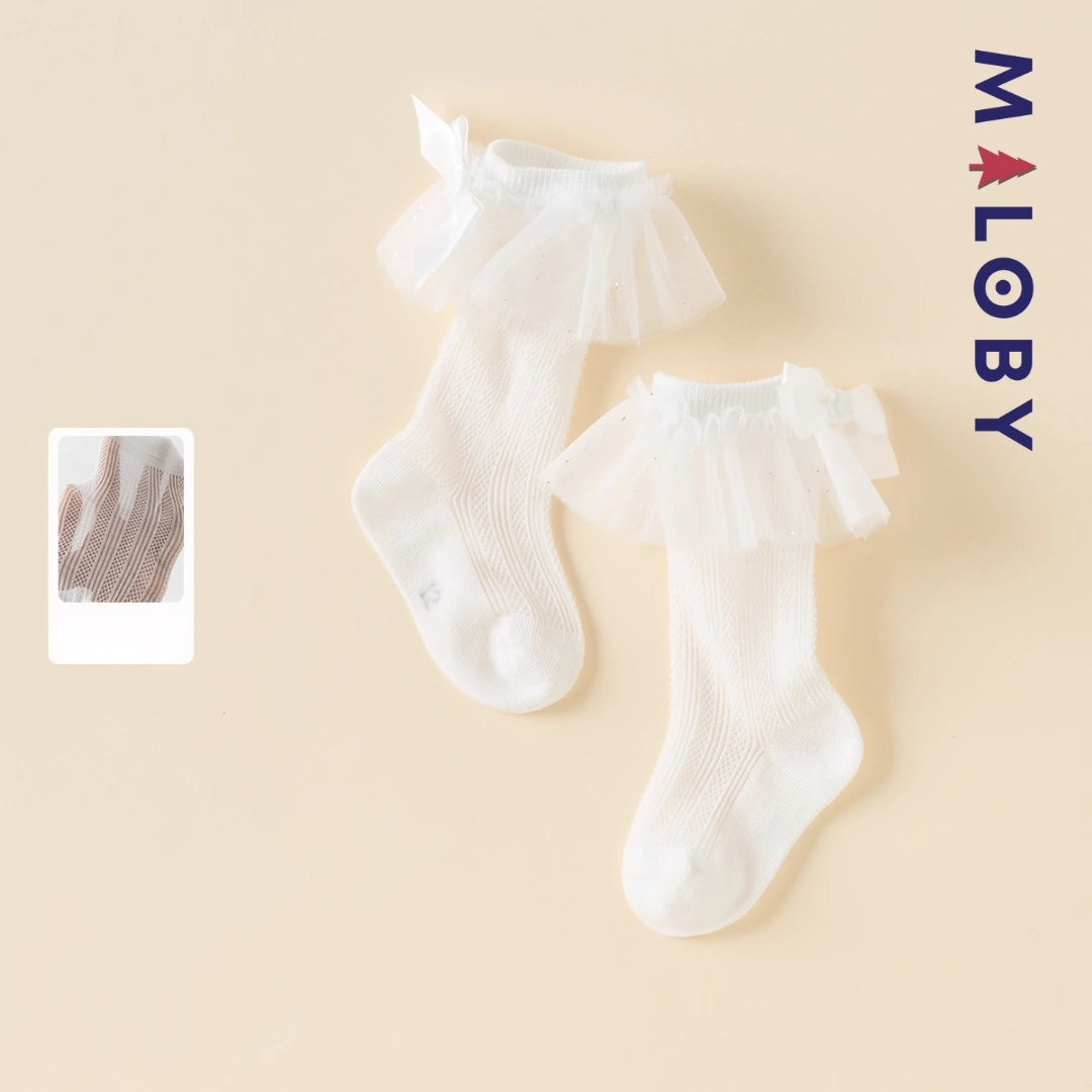 Chaussettes mi-mollet en dentelle pour filles - blanc, parfaits pour vêtements enfants et anniversaires.