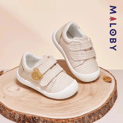 Chaussons souple scratchés bébé Garçon en kaki, confortables et tendance