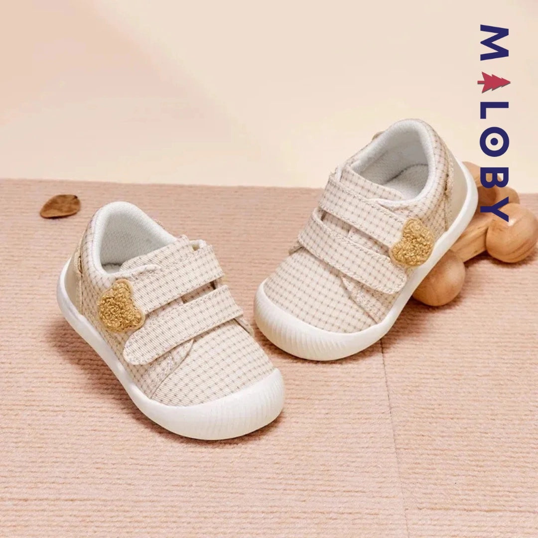 Chaussons souple scratchés bébé Garçon en kaki, confortables et tendance