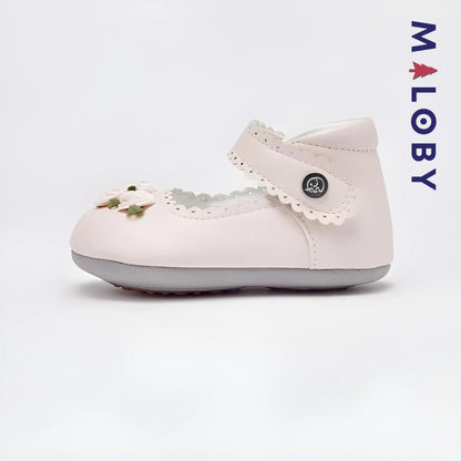 Chaussures cérémonie fleurette pour bébé fille en beige, idéales pour occasions spéciales.