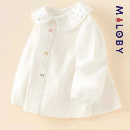 Chemise col claudine blanche en pur coton pour fille, idéale pour occasions spéciales.