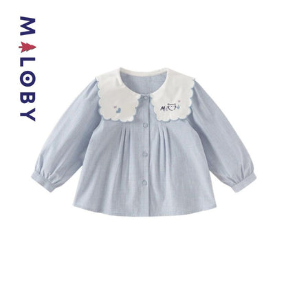 Chemise à carreaux pour fille en blanc et bleu, idéale pour les vêtements enfants au Maroc.