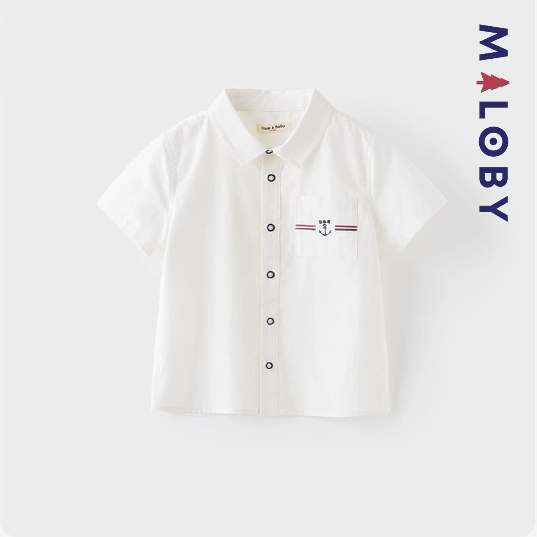 Chemise blanche motifs marins pour garçon, parfaite pour les fêtes et occasions spéciales.