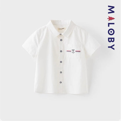 Chemise blanche motifs marins pour garçon, parfaite pour les fêtes et occasions spéciales.