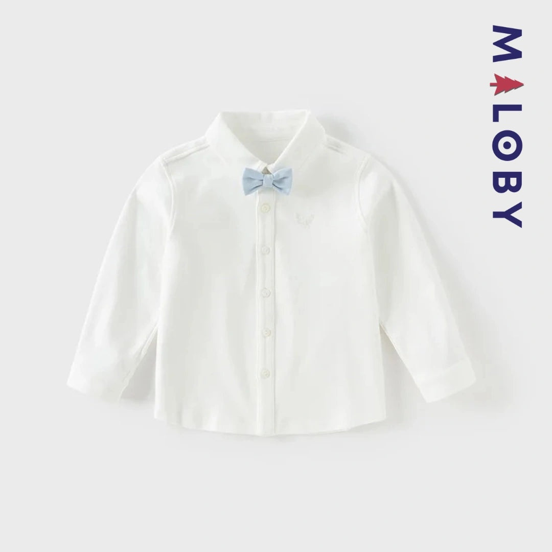 Chemise blanche à nœud papillon pour garçon, parfaite pour les anniversaires et occasions spéciales.