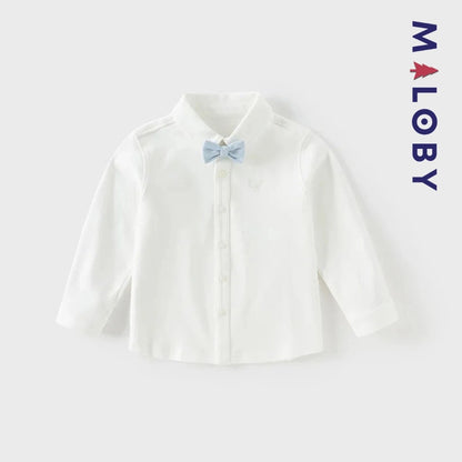 Chemise blanche à nœud papillon pour garçon, parfaite pour les anniversaires et occasions spéciales.