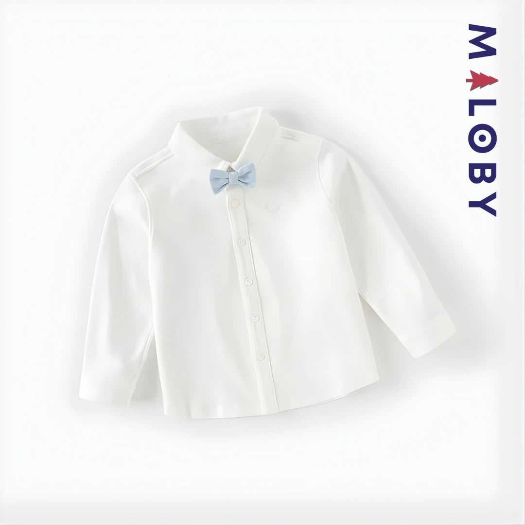 Chemise blanche à nœud papillon pour garçon, parfaite pour les anniversaires et occasions spéciales.
