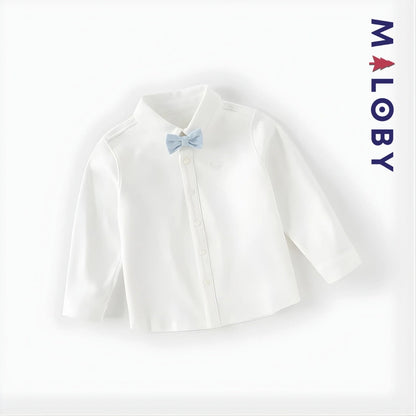 Chemise blanche à nœud papillon pour garçon, parfaite pour les anniversaires et occasions spéciales.