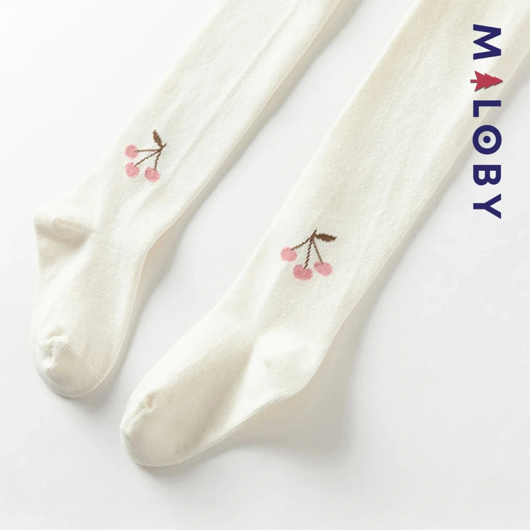 Collant épais motif cerise blanc pour fille, parfait pour les occasions spéciales et les looks décontractés.