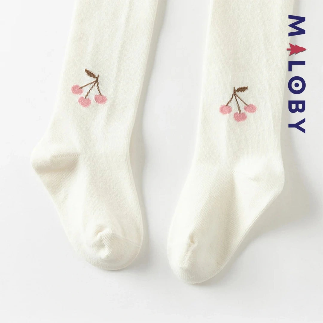 Collant épais motif cerise blanc pour fille, parfait pour les occasions spéciales et les looks décontractés.