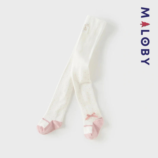 Collants épais à pois et nœud fantaisie pour fille en beige, parfaits pour les vêtements d'enfants.