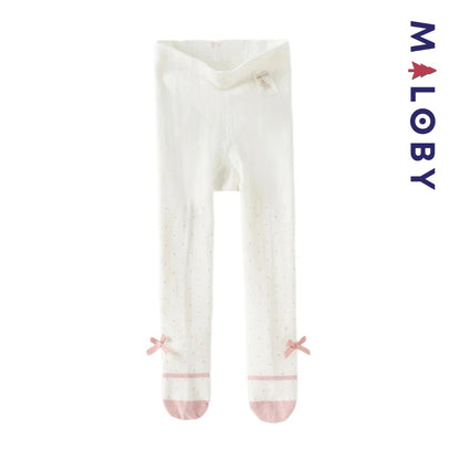 Collants épais à pois et nœud fantaisie pour fille en beige, parfaits pour les vêtements d'enfants.