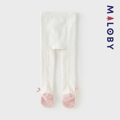 Collants épais à pois et nœud fantaisie pour fille en beige, parfaits pour les vêtements d'enfants.