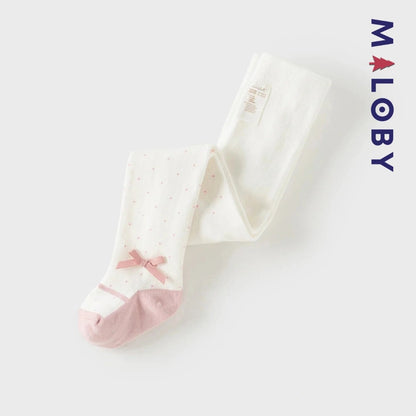 Collants épais à pois et nœud fantaisie pour fille en beige, parfaits pour les vêtements d'enfants.
