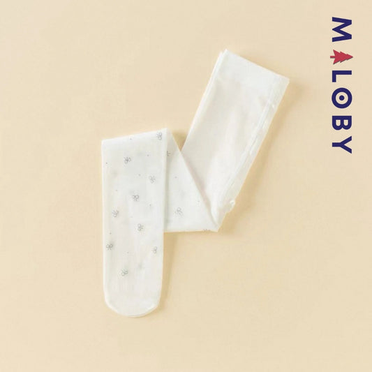 Collants fins blancs avec motifs nœuds argentés pour fille, parfaits pour les vêtements d'anniversaire.
