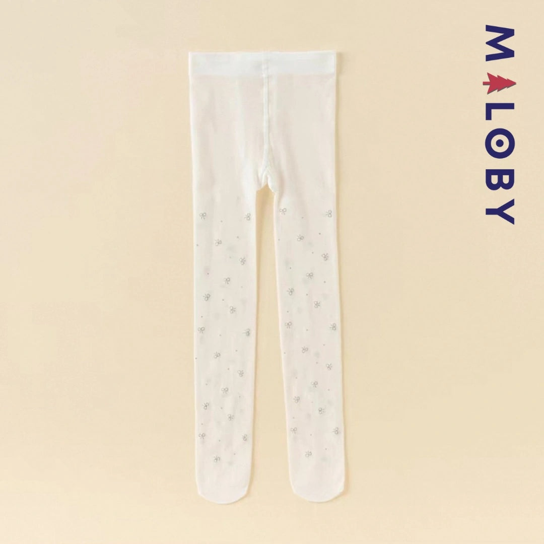 Collants fins blancs avec motifs nœuds argentés pour fille, parfaits pour les vêtements d'anniversaire.