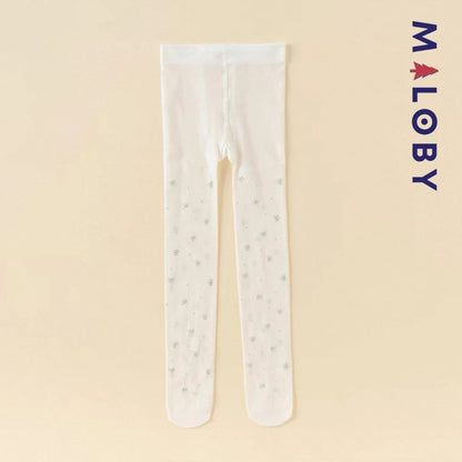 Collants fins blancs avec motifs nœuds argentés pour fille, parfaits pour les vêtements d'anniversaire.