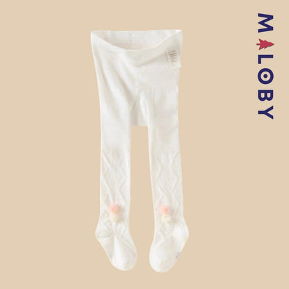 Collants fins blancs à motif pompons pour fille, parfaits pour les occasions spéciales.