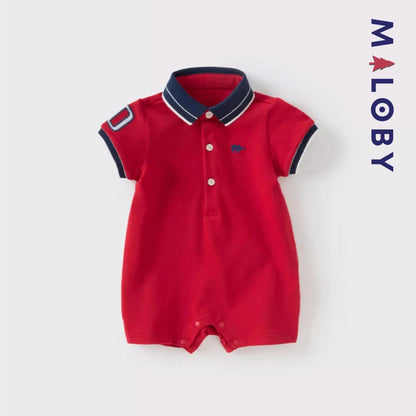 Combinaison bébé garçon rouge rayé, idéale pour anniversaires et événements spéciaux.