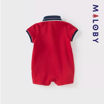 Combinaison bébé garçon rouge rayé, idéale pour anniversaires et événements spéciaux.