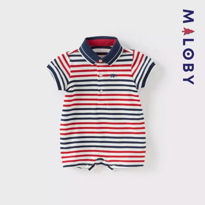 Combinaison bébé garçon rouge rayé, idéale pour anniversaires et événements spéciaux.