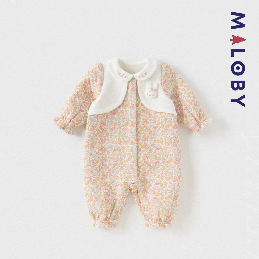 Combinaison habillée motif floral pour bébé fille en rose, idéale pour les anniversaires.