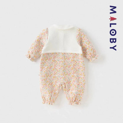 Combinaison habillée motif floral pour bébé fille en rose, idéale pour les anniversaires.