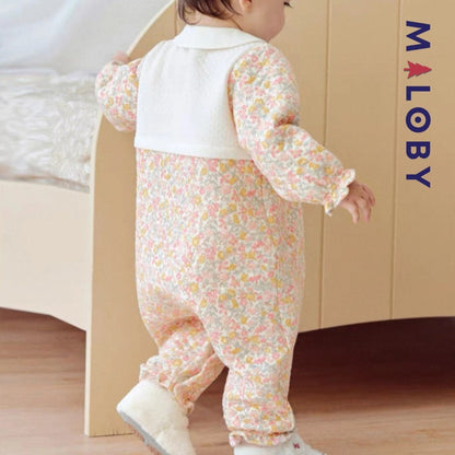Combinaison habillée motif floral pour bébé fille en rose, idéale pour les anniversaires.