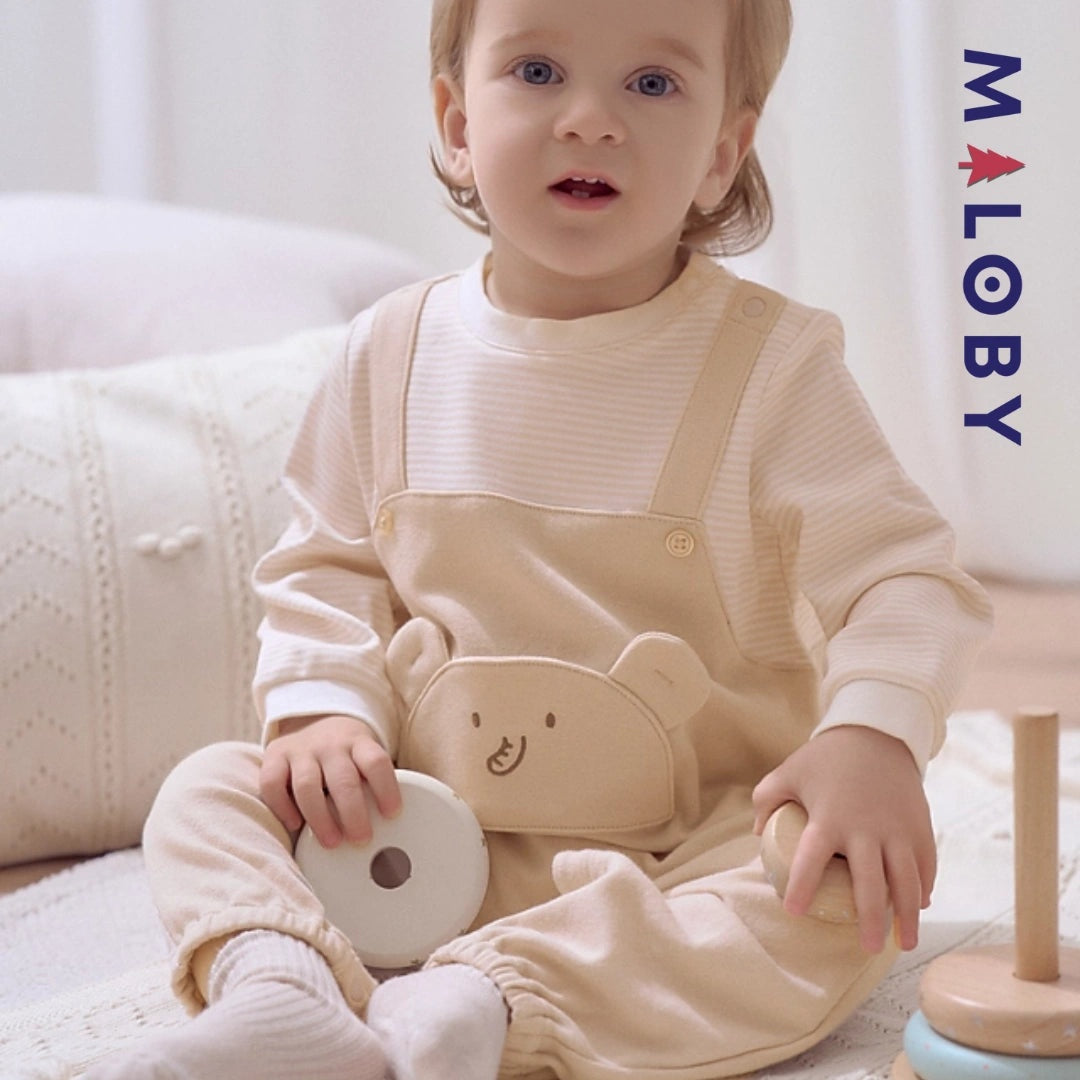 Combinaison longue beige à motif éléphant pour garçon, idéale pour les vêtements d'anniversaire des enfants.