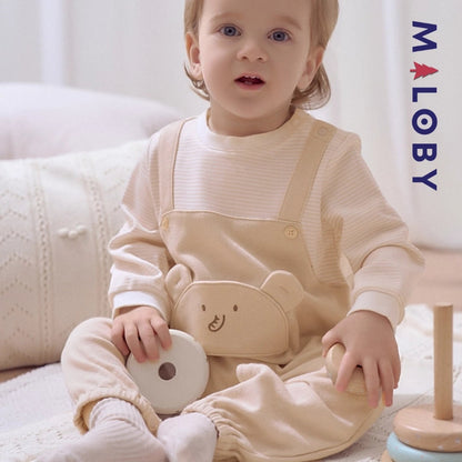 Combinaison longue beige à motif éléphant pour garçon, idéale pour les vêtements d'anniversaire des enfants.