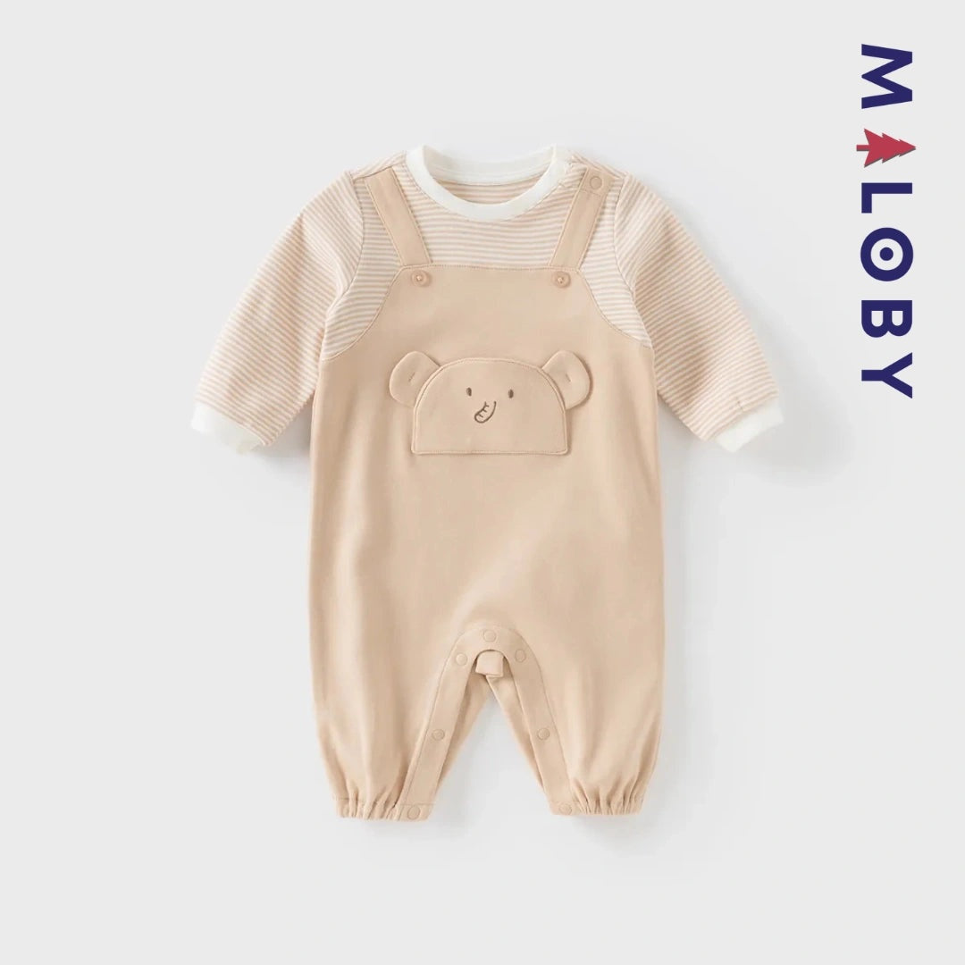 Combinaison longue beige à motif éléphant pour garçon, idéale pour les vêtements d'anniversaire des enfants.