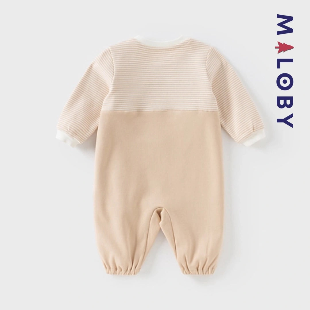 Combinaison longue beige à motif éléphant pour garçon, idéale pour les vêtements d'anniversaire des enfants.