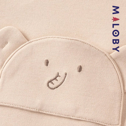 Combinaison longue beige à motif éléphant pour garçon, idéale pour les vêtements d'anniversaire des enfants.
