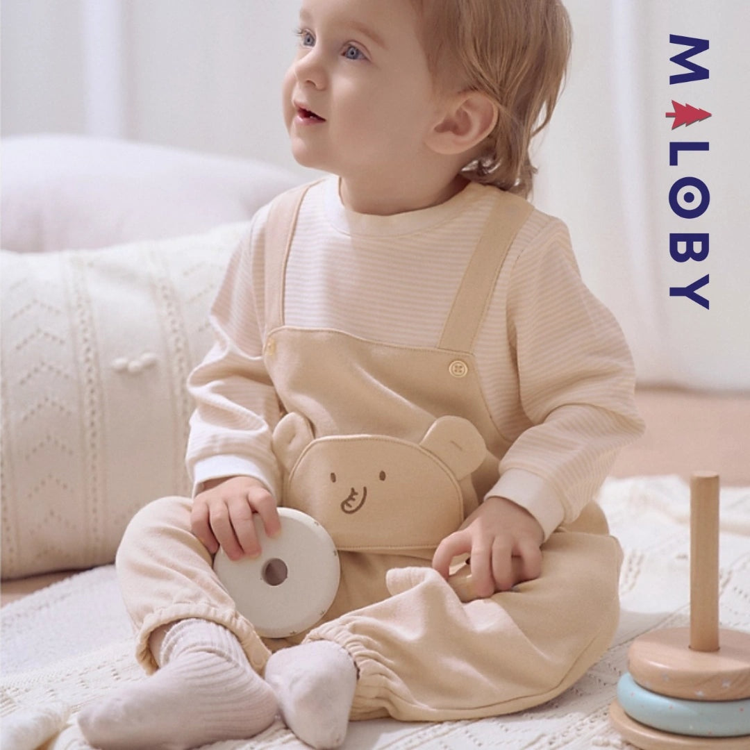 Combinaison longue beige à motif éléphant pour garçon, idéale pour les vêtements d'anniversaire des enfants.