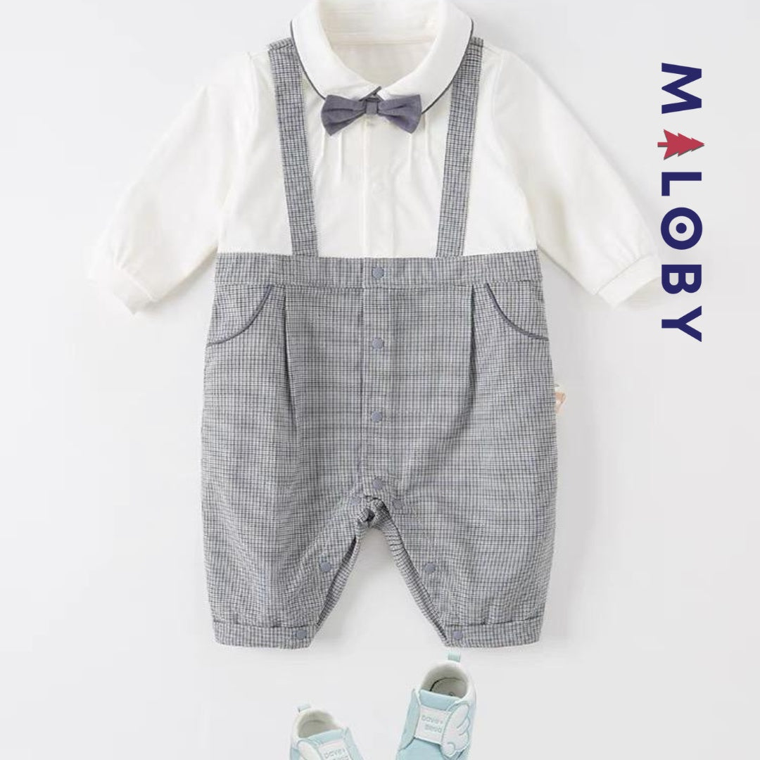 Combinaison longue à noeud grise pour bébé, idéale pour les occasions spéciales.