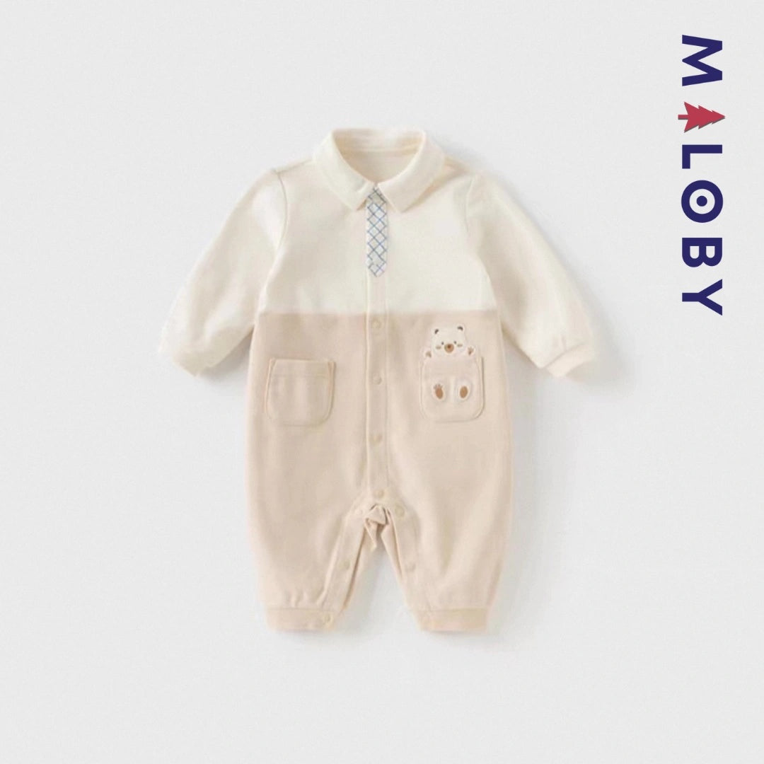 Combinaison longue fantaisie beige pour bébé garçon, élégante et confortable.