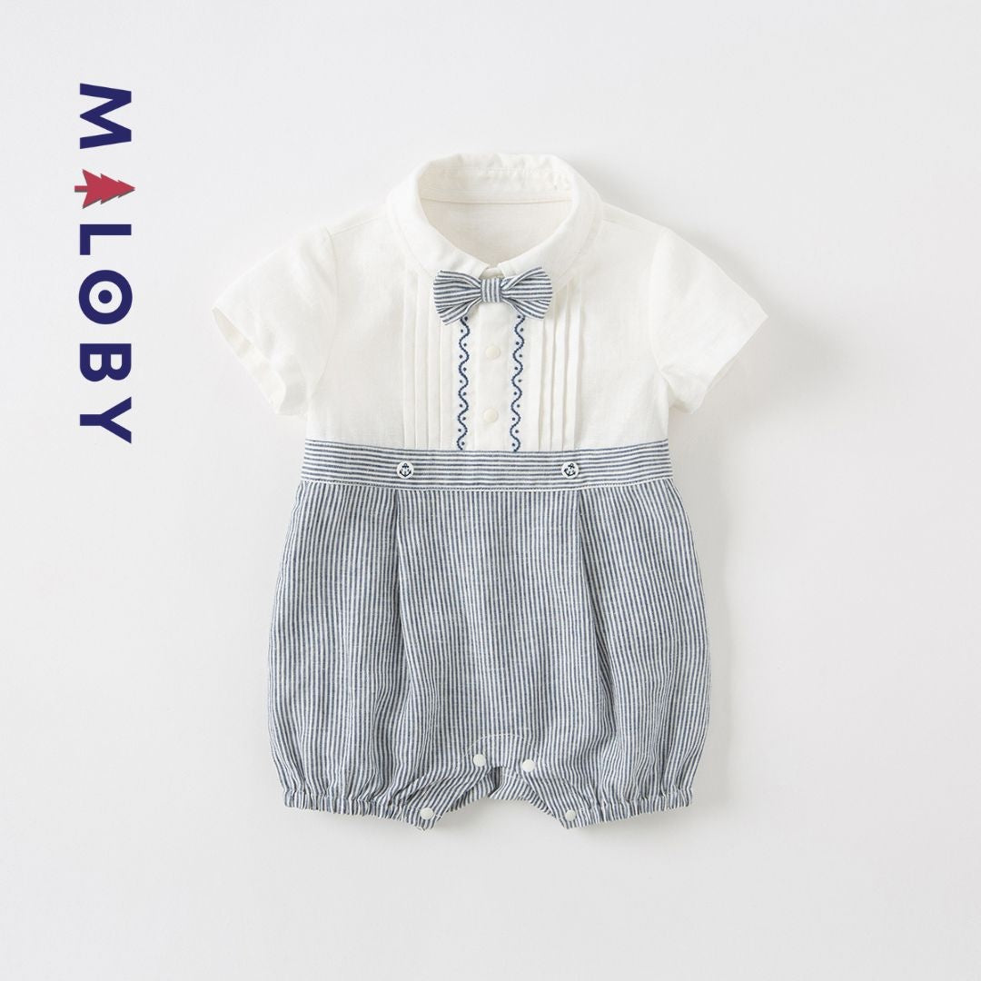 Combinaison rayée avec nœud papillon pour bébé garçon, parfaite pour les anniversaires.